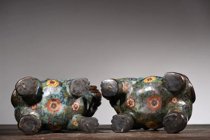 9"Tibetan Temple Collection Old Bronze Cloisonne Enamel Elephant A pair good luck ornament Wealth Elephant Town House Exorcism