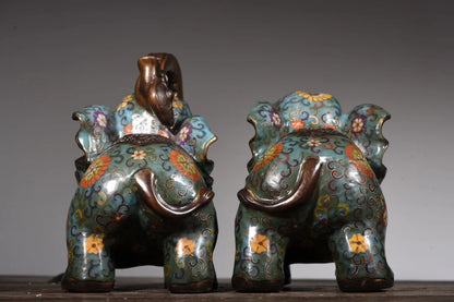 9"Tibetan Temple Collection Old Bronze Cloisonne Enamel Elephant A pair good luck ornament Wealth Elephant Town House Exorcism