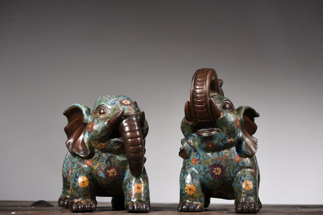 9"Tibetan Temple Collection Old Bronze Cloisonne Enamel Elephant A pair good luck ornament Wealth Elephant Town House Exorcism