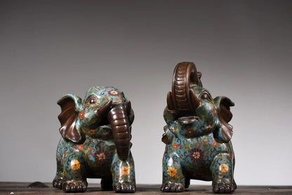 9"Tibetan Temple Collection Old Bronze Cloisonne Enamel Elephant A pair good luck ornament Wealth Elephant Town House Exorcism