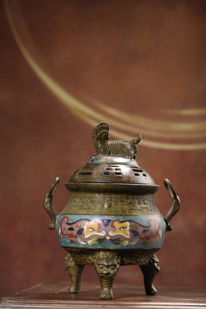 9"Tibetan Temple Collection Old Bronze Cloisonne Enamel Kirin Statue Cover Beast Head Three legged incense burner Town house