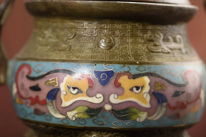 9"Tibetan Temple Collection Old Bronze Cloisonne Enamel Kirin Statue Cover Beast Head Three legged incense burner Town house