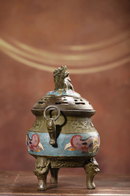 9"Tibetan Temple Collection Old Bronze Cloisonne Enamel Kirin Statue Cover Beast Head Three legged incense burner Town house