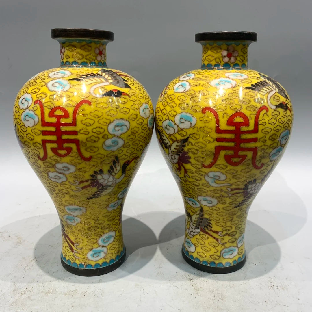 9"Tibetan Temple Collection Old Bronze Cloisonne Enamel Longevity Crane Texture prunus Bottle Vase A Pair Worship Hall Ornaments