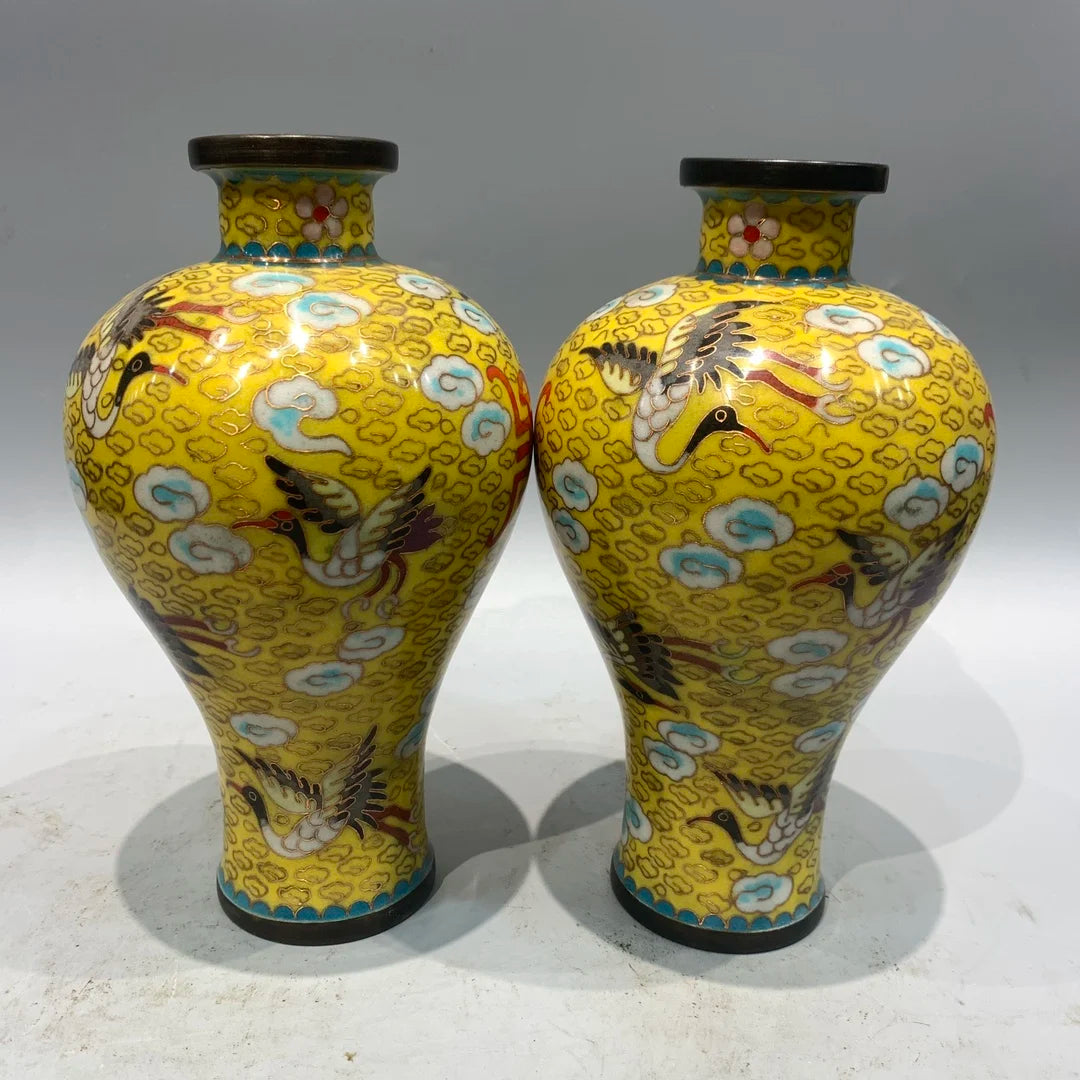 9"Tibetan Temple Collection Old Bronze Cloisonne Enamel Longevity Crane Texture prunus Bottle Vase A Pair Worship Hall Ornaments