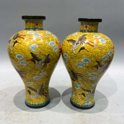 9"Tibetan Temple Collection Old Bronze Cloisonne Enamel Longevity Crane Texture prunus Bottle Vase A Pair Worship Hall Ornaments