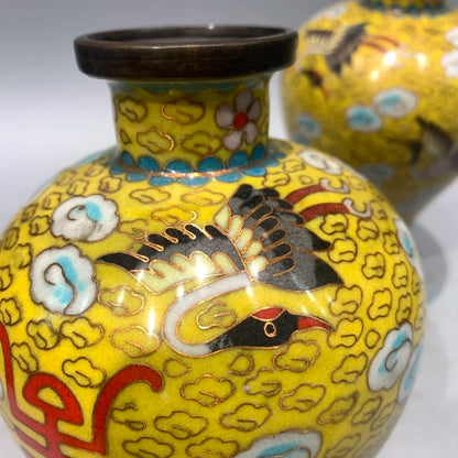 9"Tibetan Temple Collection Old Bronze Cloisonne Enamel Longevity Crane Texture prunus Bottle Vase A Pair Worship Hall Ornaments