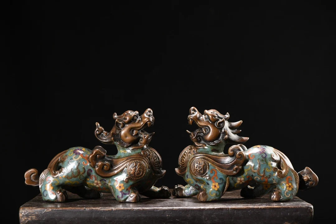 9"Tibetan Temple Collection Old Bronze Cloisonne Enamel Texture Brave Troops Unicorn Divine Beast A pair Amass wealth Ornaments