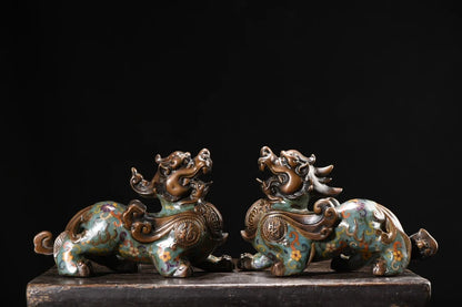 9"Tibetan Temple Collection Old Bronze Cloisonne Enamel Texture Brave Troops Unicorn Divine Beast A pair Amass wealth Ornaments