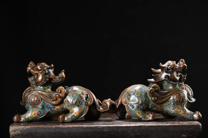 9"Tibetan Temple Collection Old Bronze Cloisonne Enamel Texture Brave Troops Unicorn Divine Beast A pair Amass wealth Ornaments