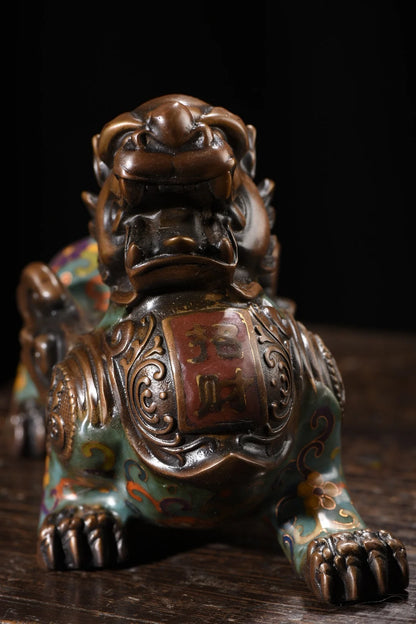 9"Tibetan Temple Collection Old Bronze Cloisonne Enamel Texture Brave Troops Unicorn Divine Beast A pair Amass wealth Ornaments