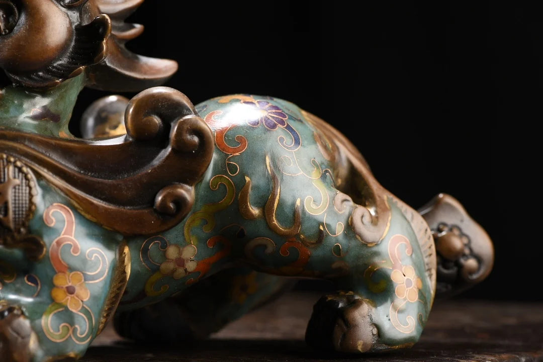 9"Tibetan Temple Collection Old Bronze Cloisonne Enamel Texture Brave Troops Unicorn Divine Beast A pair Amass wealth Ornaments