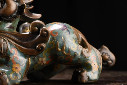 9"Tibetan Temple Collection Old Bronze Cloisonne Enamel Texture Brave Troops Unicorn Divine Beast A pair Amass wealth Ornaments