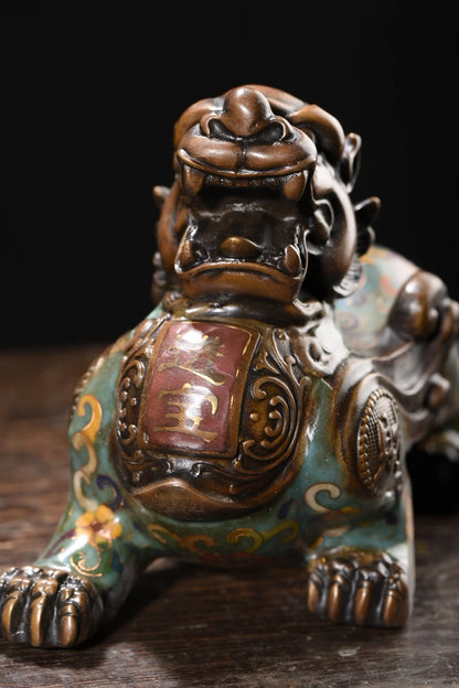 9"Tibetan Temple Collection Old Bronze Cloisonne Enamel Texture Brave Troops Unicorn Divine Beast A pair Amass wealth Ornaments