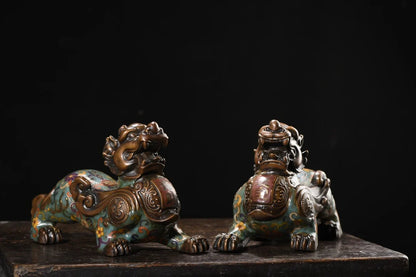 9"Tibetan Temple Collection Old Bronze Cloisonne Enamel Texture Brave Troops Unicorn Divine Beast A pair Amass wealth Ornaments