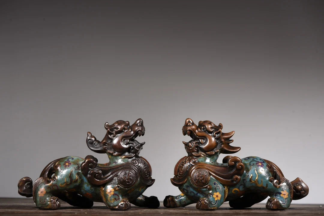 9"Tibetan Temple Collection Old Bronze Cloisonne Enamel brave troops a pair unicorn ornament Gather fortune Town House Exorcism