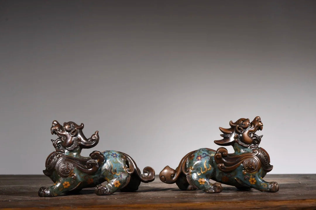 9"Tibetan Temple Collection Old Bronze Cloisonne Enamel brave troops a pair unicorn ornament Gather fortune Town House Exorcism