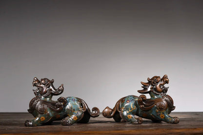 9"Tibetan Temple Collection Old Bronze Cloisonne Enamel brave troops a pair unicorn ornament Gather fortune Town House Exorcism