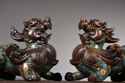 9"Tibetan Temple Collection Old Bronze Cloisonne Enamel brave troops a pair unicorn ornament Gather fortune Town House Exorcism
