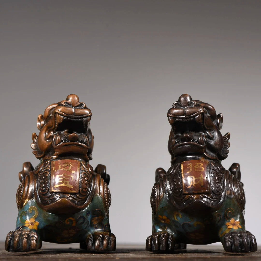 9"Tibetan Temple Collection Old Bronze Cloisonne Enamel brave troops a pair unicorn ornament Gather fortune Town House Exorcism