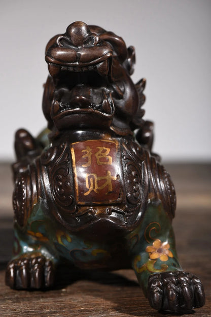 9"Tibetan Temple Collection Old Bronze Cloisonne Enamel brave troops a pair unicorn ornament Gather fortune Town House Exorcism