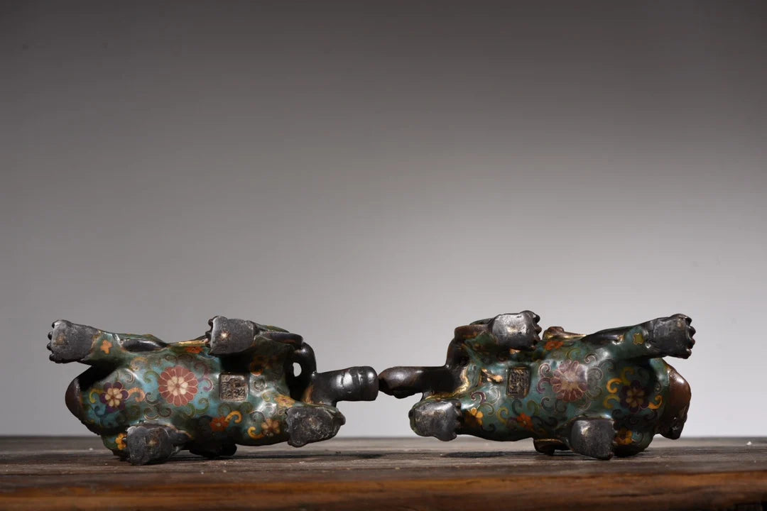 9"Tibetan Temple Collection Old Bronze Cloisonne Enamel brave troops a pair unicorn ornament Gather fortune Town House Exorcism