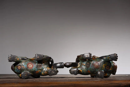 9"Tibetan Temple Collection Old Bronze Cloisonne Enamel brave troops a pair unicorn ornament Gather fortune Town House Exorcism