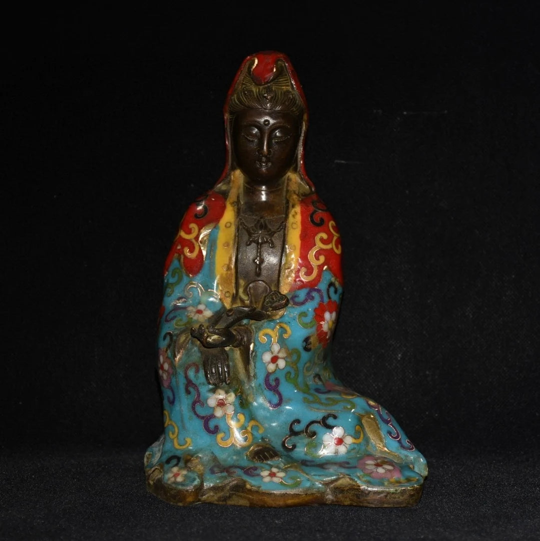 9"Tibetan Temple Collection Old Bronze Cloisonne Guanyin Bodhisattva Avalokitesvara Sitting Buddha worship hall Town house