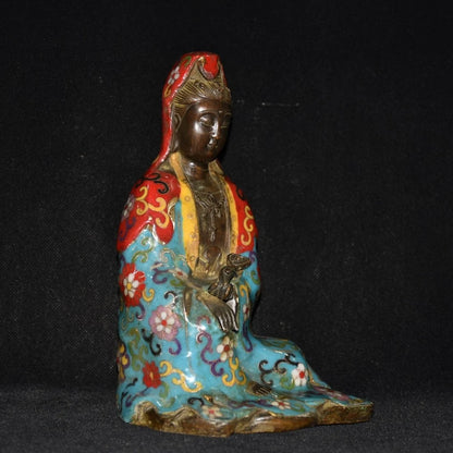 9"Tibetan Temple Collection Old Bronze Cloisonne Guanyin Bodhisattva Avalokitesvara Sitting Buddha worship hall Town house