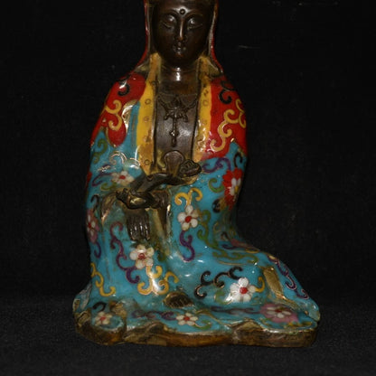9"Tibetan Temple Collection Old Bronze Cloisonne Guanyin Bodhisattva Avalokitesvara Sitting Buddha worship hall Town house
