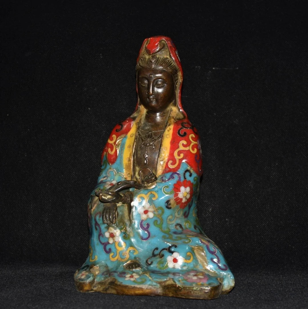 9"Tibetan Temple Collection Old Bronze Cloisonne Guanyin Bodhisattva Avalokitesvara Sitting Buddha worship hall Town house