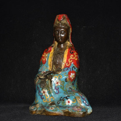 9"Tibetan Temple Collection Old Bronze Cloisonne Guanyin Bodhisattva Avalokitesvara Sitting Buddha worship hall Town house