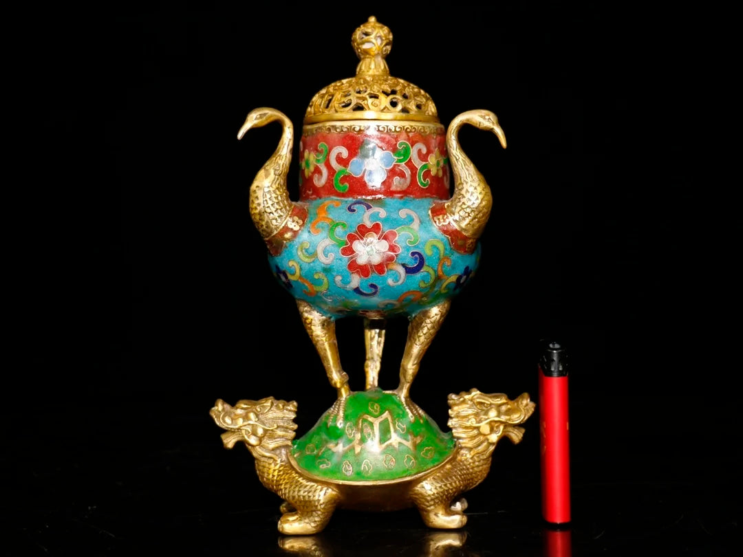 9"Tibetan Temple Collection Old Bronze Cloisonne Peacock Head Ear Double Dragon Glans incense burner Amass wealth Ornaments