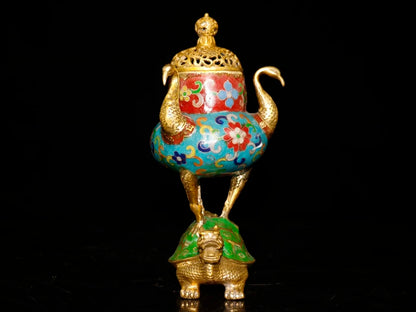 9"Tibetan Temple Collection Old Bronze Cloisonne Peacock Head Ear Double Dragon Glans incense burner Amass wealth Ornaments