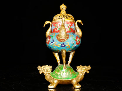 9"Tibetan Temple Collection Old Bronze Cloisonne Peacock Head Ear Double Dragon Glans incense burner Amass wealth Ornaments