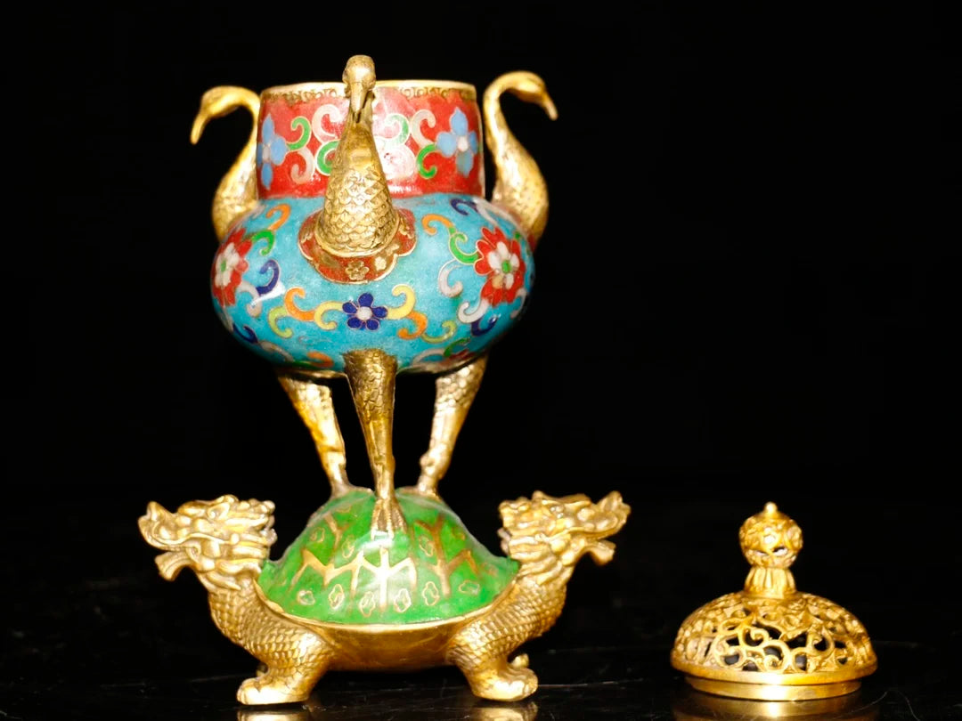 9"Tibetan Temple Collection Old Bronze Cloisonne Peacock Head Ear Double Dragon Glans incense burner Amass wealth Ornaments