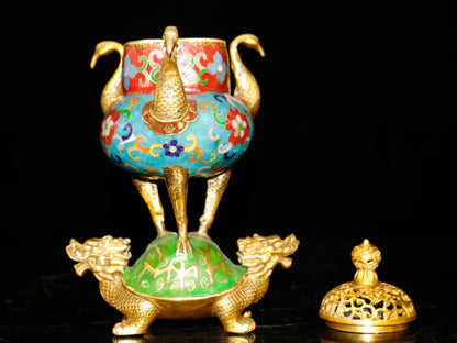 9"Tibetan Temple Collection Old Bronze Cloisonne Peacock Head Ear Double Dragon Glans incense burner Amass wealth Ornaments