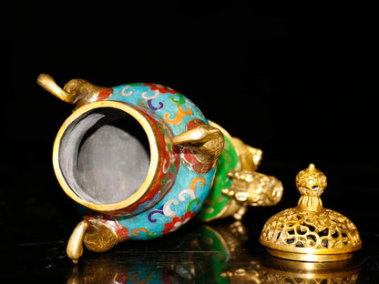 9"Tibetan Temple Collection Old Bronze Cloisonne Peacock Head Ear Double Dragon Glans incense burner Amass wealth Ornaments