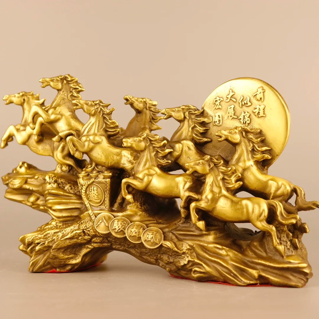 9"Tibetan Temple Collection Old Bronze Eight Horses A magnificent journey ten thousand steeds gallop Amass wealth Town house