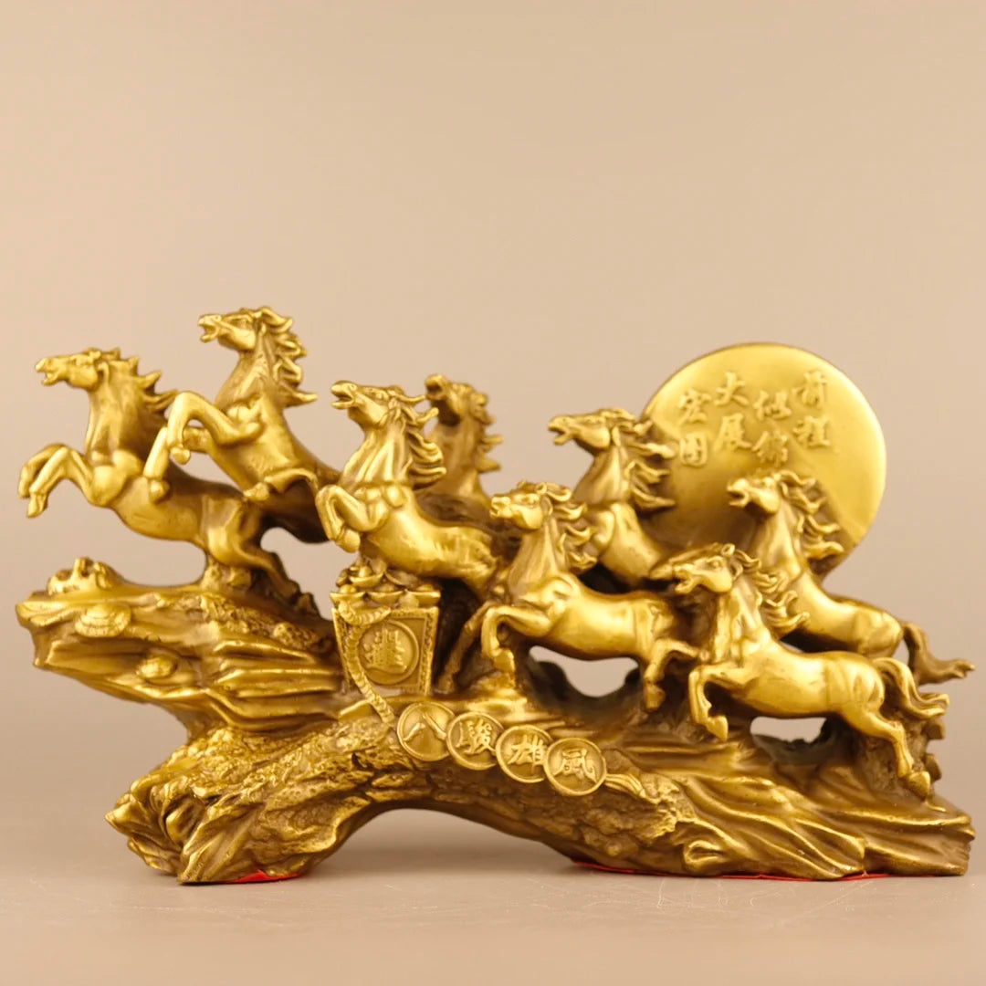 9"Tibetan Temple Collection Old Bronze Eight Horses A magnificent journey ten thousand steeds gallop Amass wealth Town house