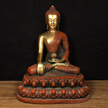 9"Tibetan Temple Collection Old Bronze Gilt Real gold Lotus Buddha Shakyamuni Amitabha Double Lotus Terrace worship hall