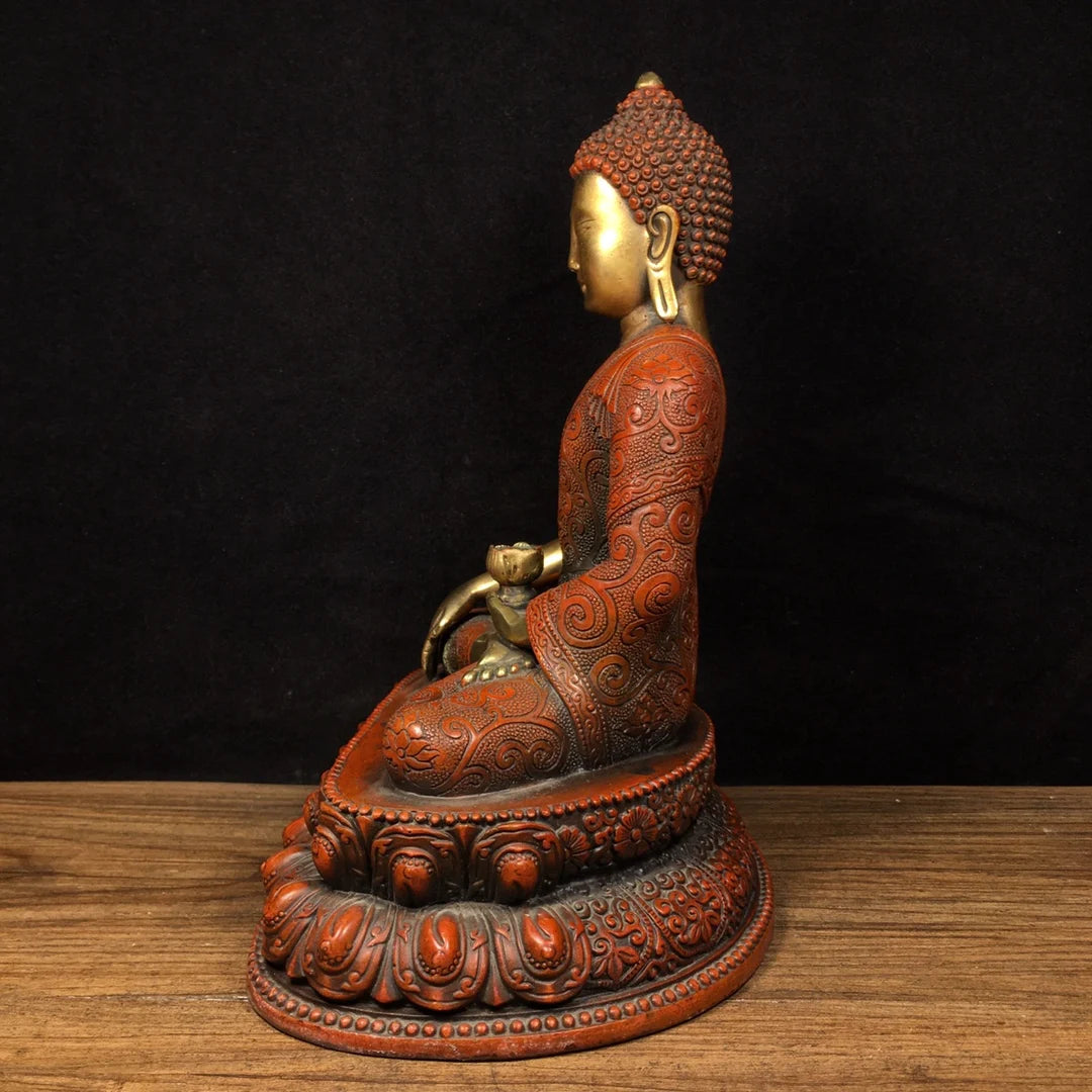 9"Tibetan Temple Collection Old Bronze Gilt Real gold Lotus Buddha Shakyamuni Amitabha Double Lotus Terrace worship hall