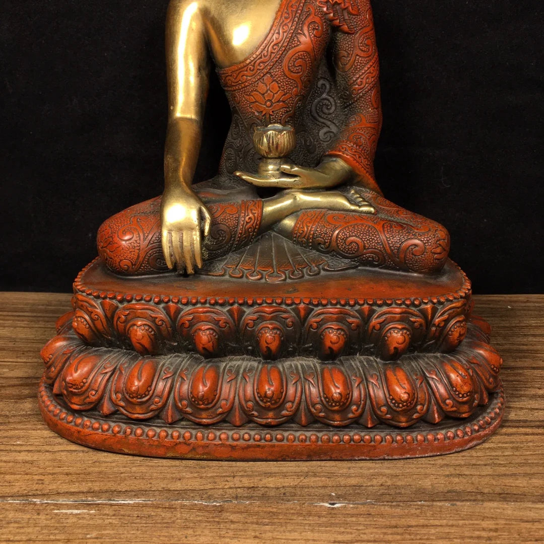 9"Tibetan Temple Collection Old Bronze Gilt Real gold Lotus Buddha Shakyamuni Amitabha Double Lotus Terrace worship hall