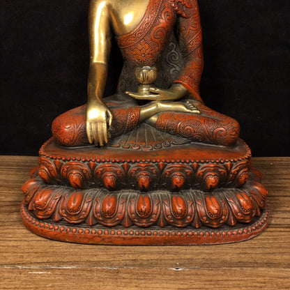 9"Tibetan Temple Collection Old Bronze Gilt Real gold Lotus Buddha Shakyamuni Amitabha Double Lotus Terrace worship hall