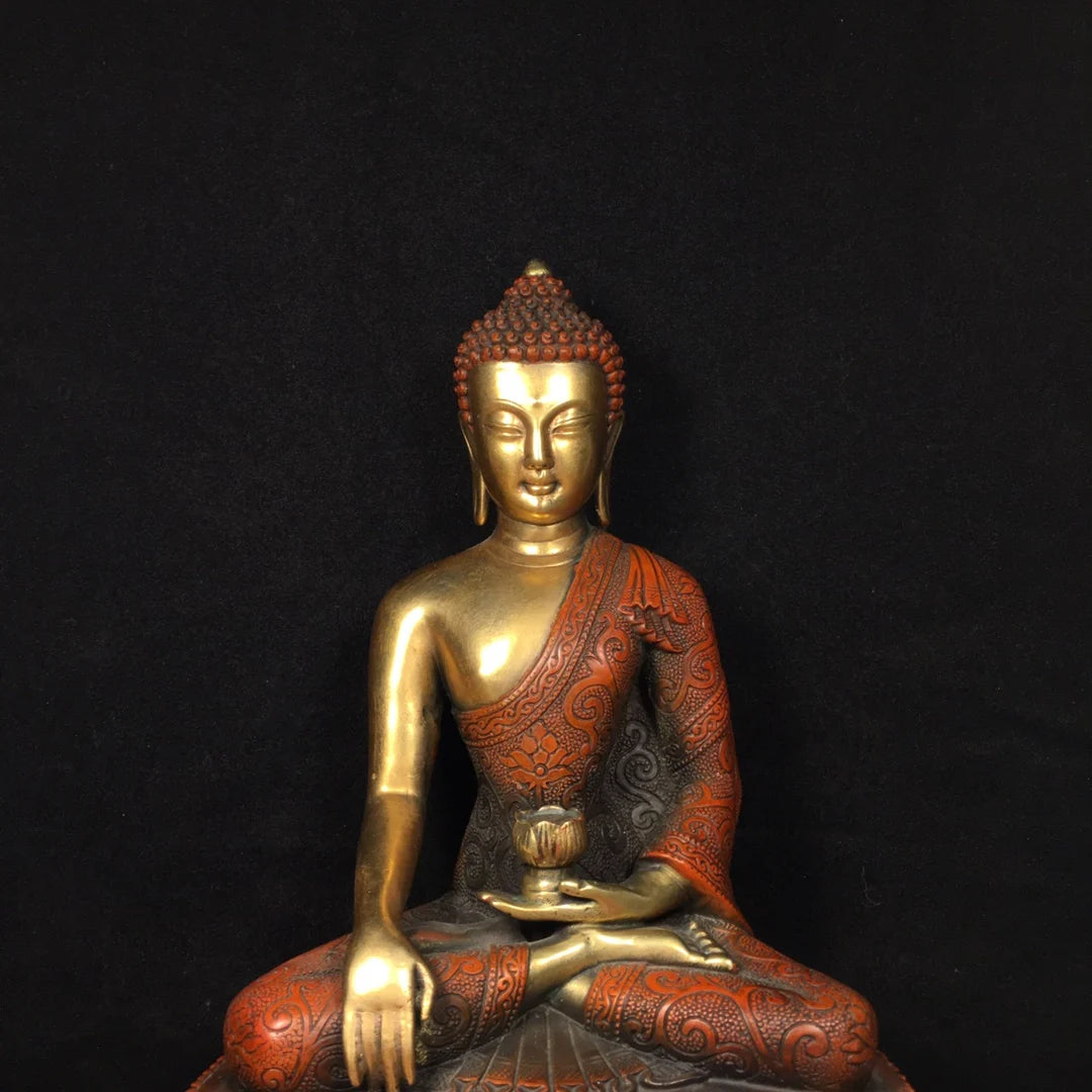 9"Tibetan Temple Collection Old Bronze Gilt Real gold Lotus Buddha Shakyamuni Amitabha Double Lotus Terrace worship hall
