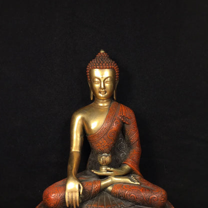 9"Tibetan Temple Collection Old Bronze Gilt Real gold Lotus Buddha Shakyamuni Amitabha Double Lotus Terrace worship hall