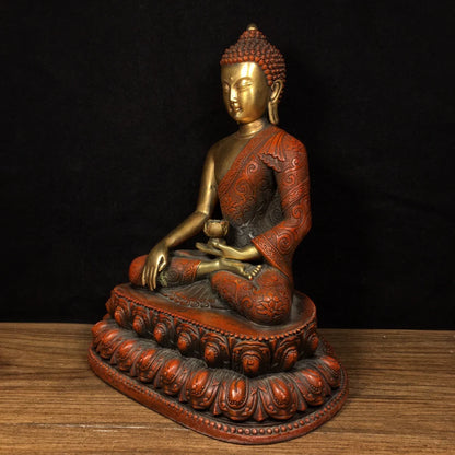9"Tibetan Temple Collection Old Bronze Gilt Real gold Lotus Buddha Shakyamuni Amitabha Double Lotus Terrace worship hall