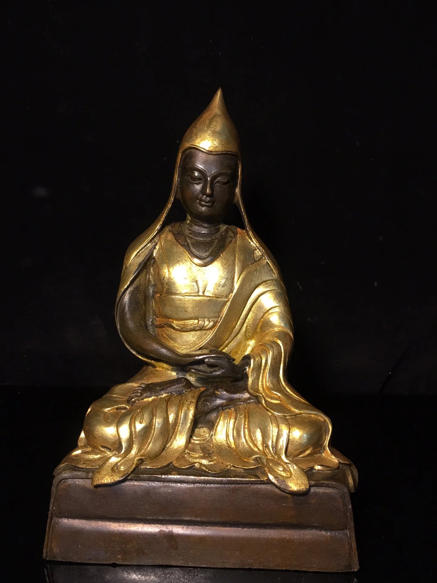 9"Tibetan Temple Collection Old Bronze Gilt Tsongkhapa Tibetan Buddha Buddha Terrace worship buddha Town House Exorcism