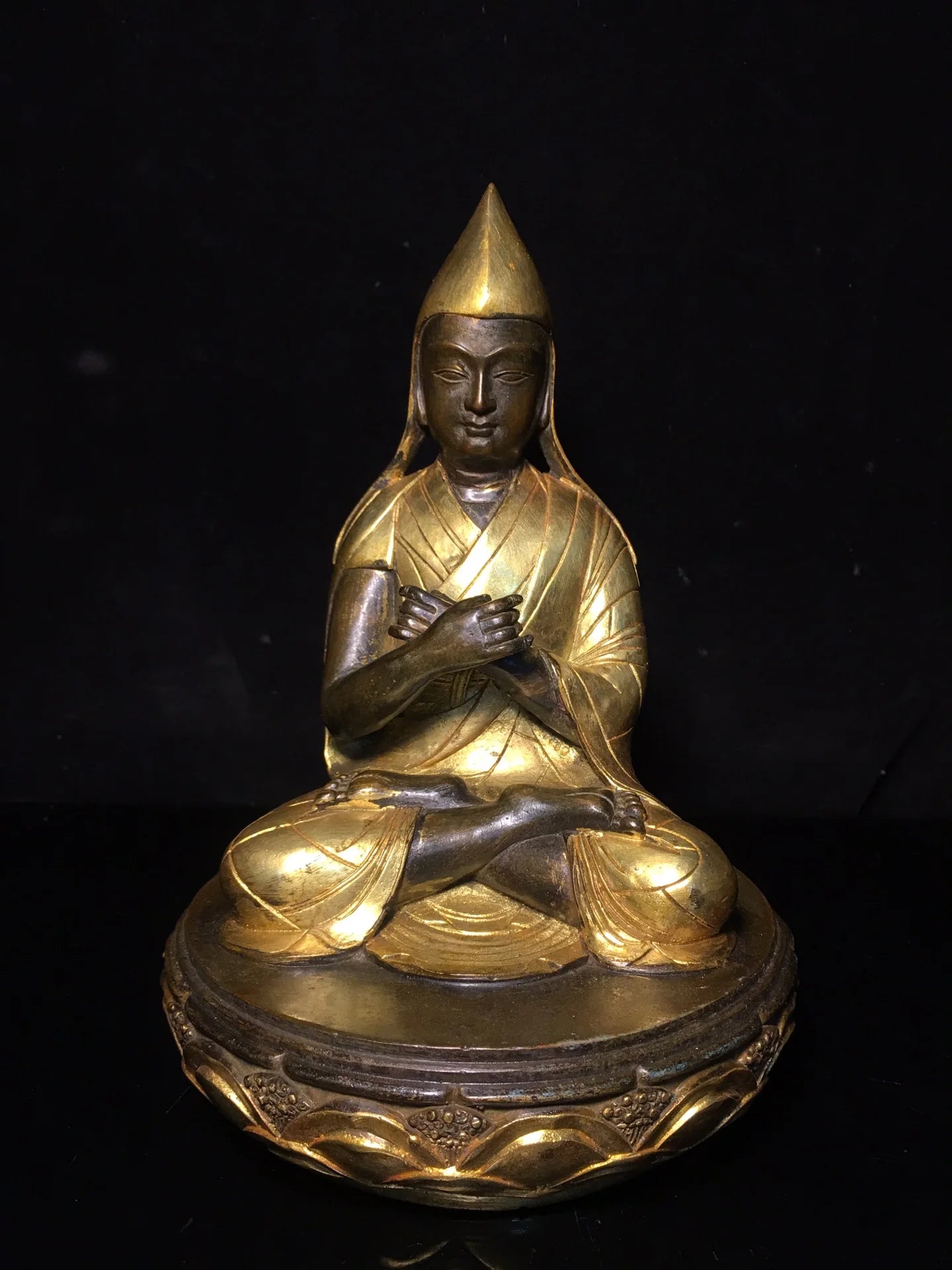 9"Tibetan Temple Collection Old Bronze Gilt Tsongkhapa lotus buddha Worship Hall Town house Exorcism