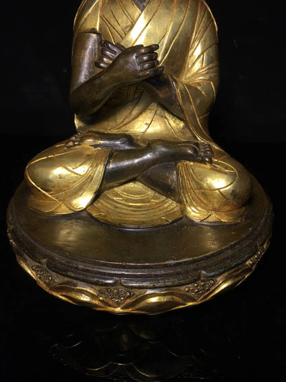 9"Tibetan Temple Collection Old Bronze Gilt Tsongkhapa lotus buddha Worship Hall Town house Exorcism